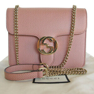 Gucci Interlocking GG Leather Shoulder Bag Pink Beige Tan Gold
